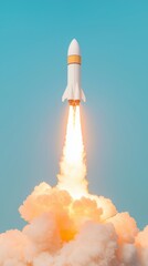 Fototapeta premium Rocket Launching Into Space Against a Pastel Blue Sky, Achievement and Dreams Theme, 3D Illustration.