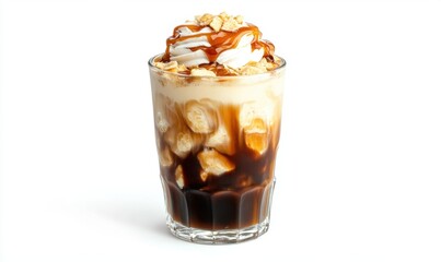 Caramel banana iced coffee drink, whipped cream topping, white background; menu, website