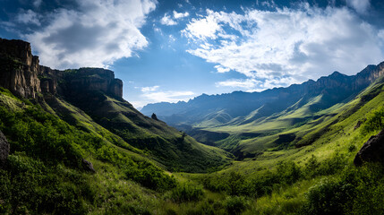 Fototapeta premium A panoramic view of a rugged mountain range with rocky outcrops and sheer cliffs, leading down to verdant valleys below.