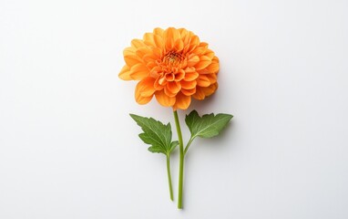 Obraz premium Orange dahlia flower with green leaves levitating on a white background. Simple, elegant studio shot with soft lighting. Clean and minimal aesthetic. Perfect for floral design or nature themes
