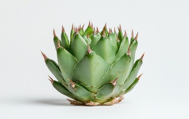 Fototapeta premium Close-up of a small, green succulent plant with sharp, pointed leaves, set against a plain white background. The lighting is bright and even, highlighting the plant's texture and details