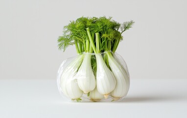 Fennel bulbs, wrapped in plastic, levitate against a solid white background.  The bright green fronds contrast with the pale white bulbs. The image is clean and minimalist