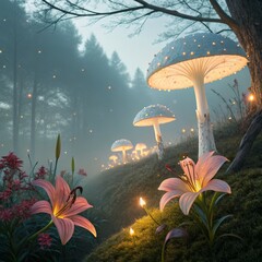 Enchanted Forest Glowing Mushrooms and Lilies, Digital Painting, Fantasy Landscape, Magical Scene, Bioluminescent Fantasy art, digital art