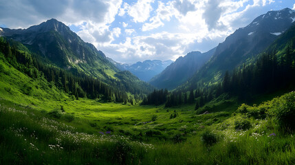 Obraz premium A panoramic view of lush green alpine meadows nestled between two towering mountain ranges with scattered trees and wildflowers.