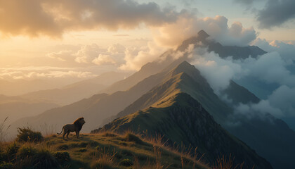 Majestic Lion on Mountain Ridge at Sunrise with Cloudy Peaks