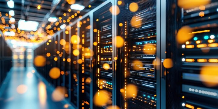 A data center filled with glowing lights and server racks, emphasizing the modern infrastructure for high-speed digital communication.
