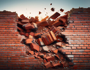 A broken brick wall crumbling into rubble, symbolizing the collapse of old political ideologies and barriers.