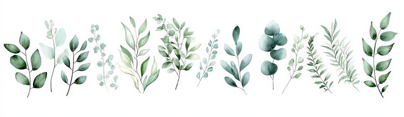 Elegant watercolor leaves with various shades creating a seamless botanical border against a white background.