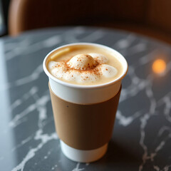 Iced Vanilla Latte with Foam in Takeaway Cup on Marble Table