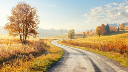 Obraz premium Winding Road Through Autumnal Landscape with Golden Trees and Hazy Sky at Sunset, Rural Scenery