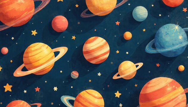 Colorful kids space wallpaper with planets stars in cosmic sky. Playful illustration art for children room design. Cartoon universe theme suitable for decoration background texture.