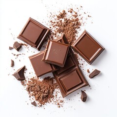 Broken chocolate bar pieces with cocoa powder on white background, top view