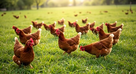 Chickens Grazing Freely in Green Grassy Field at Sunny Day