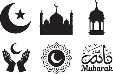 Eid Mubarak icon set silhouette vector illustration isolated On Transparent Background