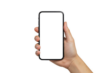 Hand holding phone mockup blank screen mobile display isolated white