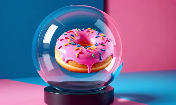 Floating Donut Under Glass Dome | Pink Frosting & Sprinkles | 4K Whimsical Studio Render, Dive into a playful and surreal visual featuring a floating donut with glossy pink frosting and colorful spr

