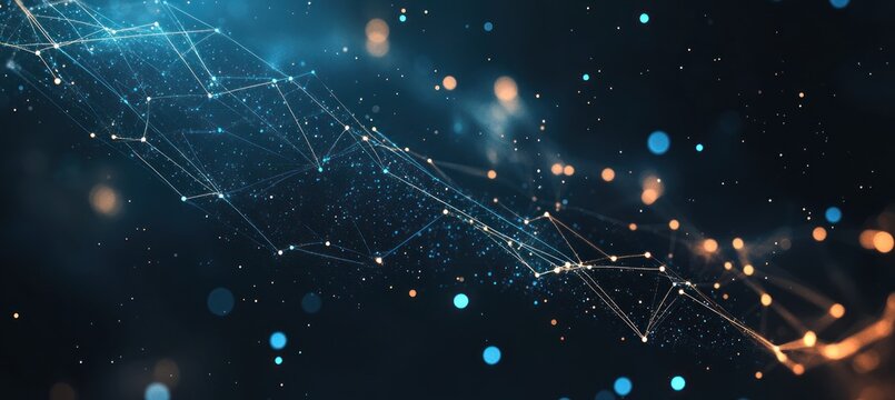 Abstract network background with connecting dots and lines in blue and gold.