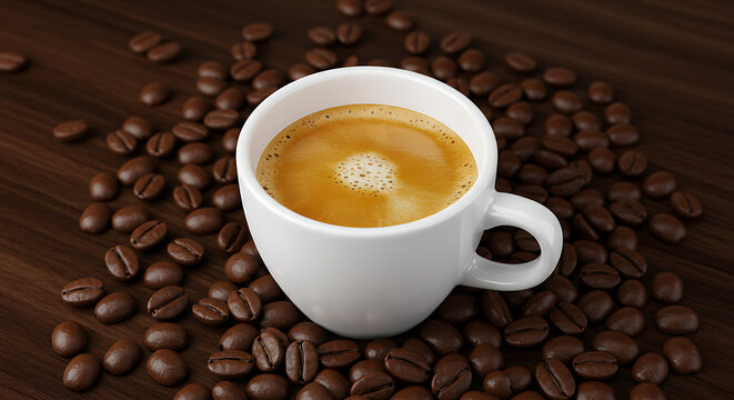 Fresh coffee cup with coffee beans on wood background espresso caffeine