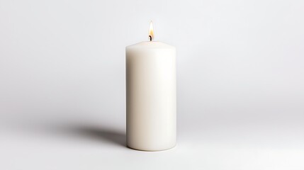 White Pillar Candle with Flickering Flame on Light Background