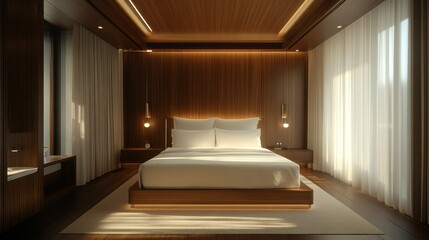 Fototapeta premium Modern Bedroom with Warm Wooden Accents