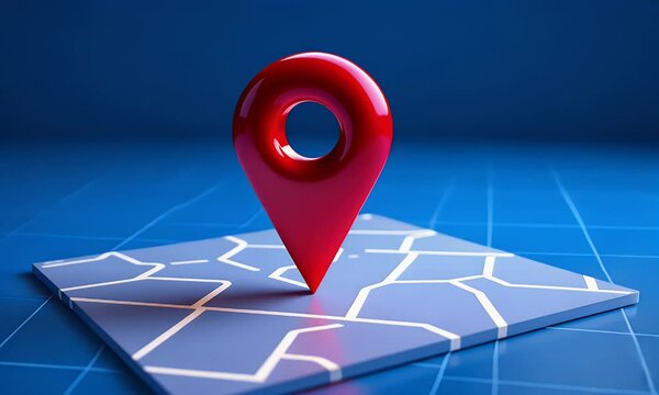 Futuristic Navigation: 3D Red Location Pin & Digital Map | 4K GPS Technology Animation, Explore the future of digital navigation in stunning 4K resolution. A glowing red location pin hovers over a sle