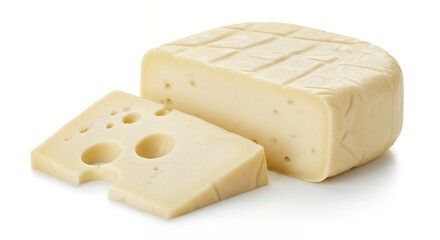 Cheese Block and Slice with Holes on White Background