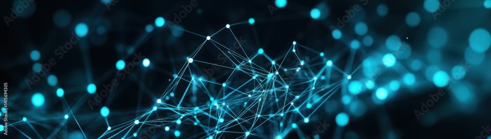 Wall mural abstract network background with glowing nodes and connecting lines in blue tones.