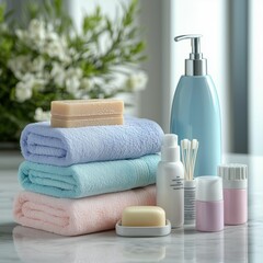 Minimalist spa flat lay with bath essentials set with toothbrush, handmade soap, bath essentials on white marble, featuring natural cotton and bath essentials to highlight  luxury bath essentials vibe