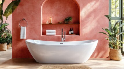 Modern, blush-toned bathroom with soaking tub