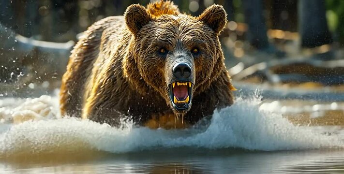 Fierce brown bear charging through water in a forested landscape, showcasing its power and agility