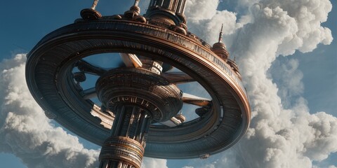 Futuristic space station against a cloudy sky. High-tech architecture reaching towards the heavens. Symbolizes human ingenuity. 