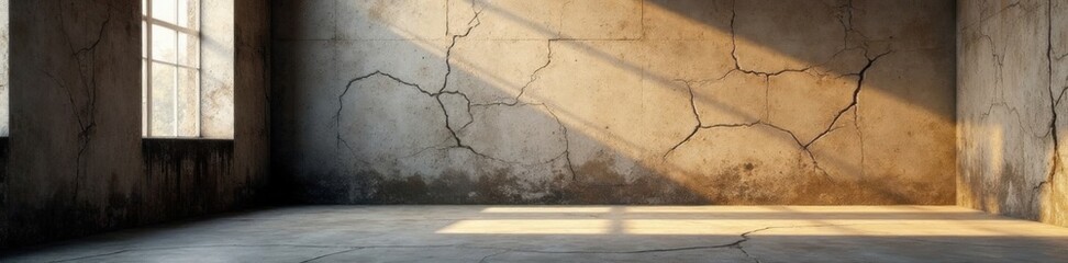 Obraz premium Cracked concrete walls with modern, industrial-style typography, edgy, industrial, bold