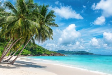 Obraz premium Tropical beach with palm trees white sand and turquoise water under blue sky.