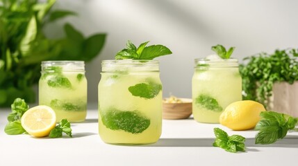Fototapeta premium Refreshing iced drinks in mason jars, garnished with fresh herbs and citrus