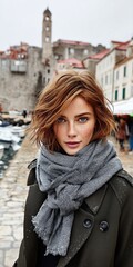 Obraz premium Elegant young woman with pale freckled skin and auburn hair wearing a gray scarf and dark coat in a historic coastal European town