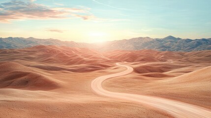 Naklejka premium Winding Desert Road at Sunset, Scenic Landscape with Mountains, Adventure, Travel and Journey