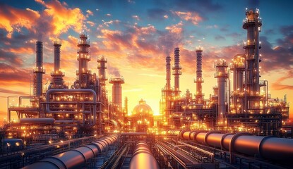 Industrial refinery at sunset with complex pipework and glowing lights against a vibrant sky.