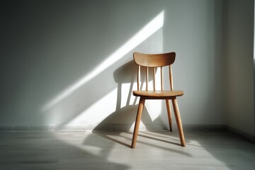 Holzstuhl im Sonnenlicht vor weißer Wand

