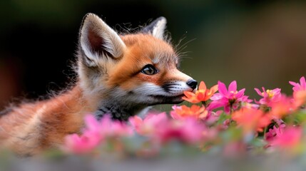 Fototapeta premium Adorable fox kit sniffing pink flowers spring wildlife photography