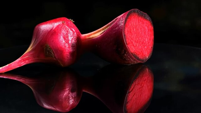 Close-up of sliced beetroots on black surface with reflection