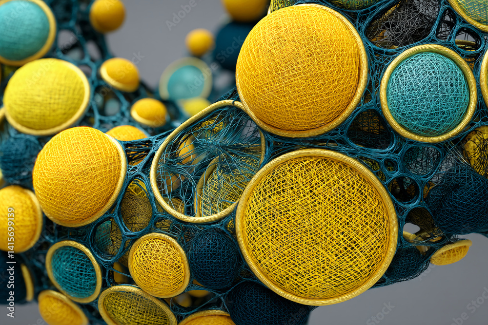 Aufkleber abstract image of interwoven yellow and teal spheres, creating a complex, textured network, showcasi