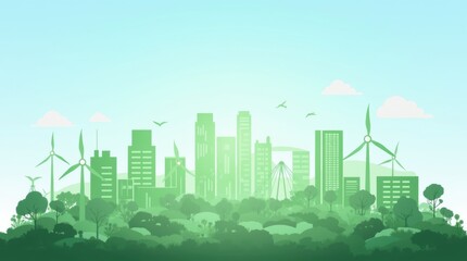 Obraz premium Modern city with renewable energy sources and greenery, visual arrows indicating carbon reduction and sustainable urban development.