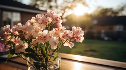 Flowers in a vase at sunset outside home