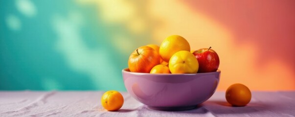 Naklejka premium A bowl filled with yellow and orange colored fruit on a gradient tablecloth, bowl, tablecloth