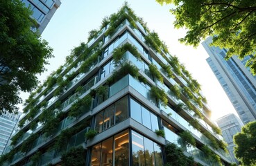 Eco-friendly glass office building with trees. Modern green architecture reduces CO2 emissions, promotes sustainability. Environmentally conscious construction, energy efficiency, urban eco-living,