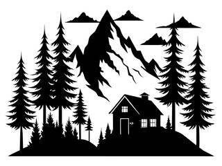Obraz premium Small Home Mountain Forest Silhouette Vector