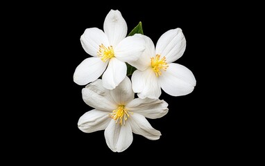 Three white flowers with yellow centers and green leaves levitate against a stark black background. The image features a close-up view of the blossoms, highlighting their delicate petals and texture