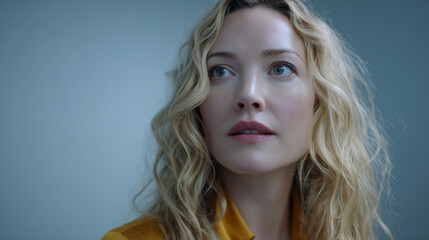 Fototapeta premium Close-up of a woman with blond, wavy hair wearing a mustard yellow blouse, looking thoughtfully upward against a muted blue backdrop, conveying contemplation and introspection