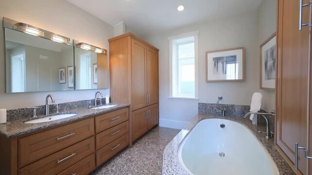 Bathroom design ideas: modern bathroom remodel with double vanity, tub, and storage cabinets ideas