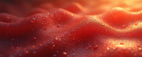 Abstract art image of red textured surface. Water droplets on frosted glass background. Dark red and gold gradient colors. Illustration features wet shiny glossy surface. Perfect for design projects.